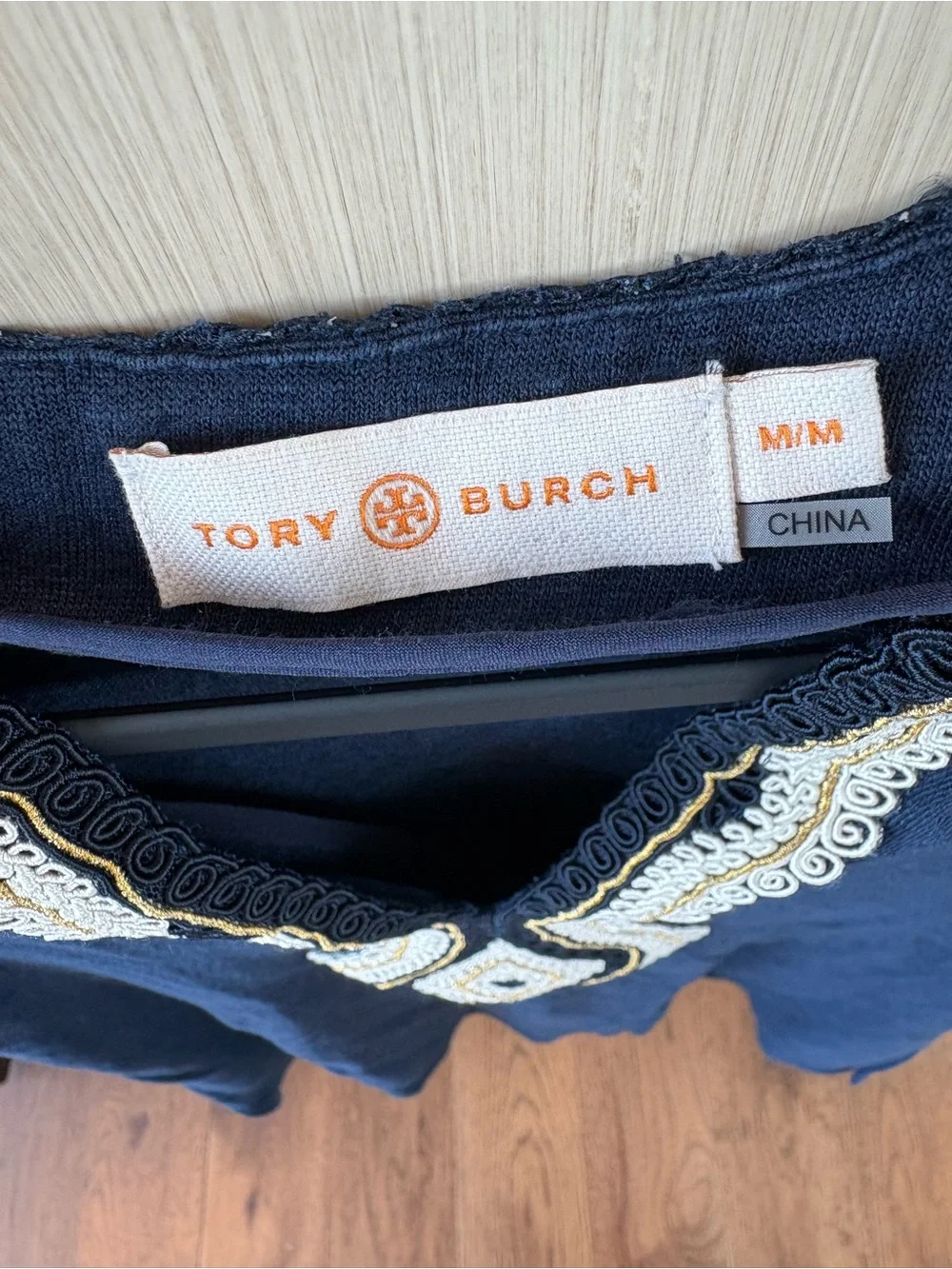 Tory Burch Navy Short-Sleeve Top with White Embroidered V-Trim